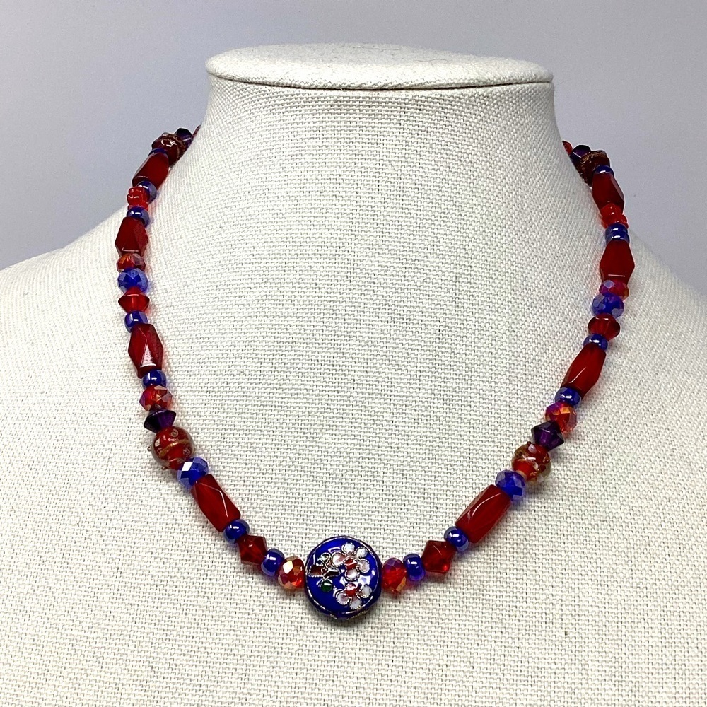 Vintage crystal, glass and cloisonné beaded necklace